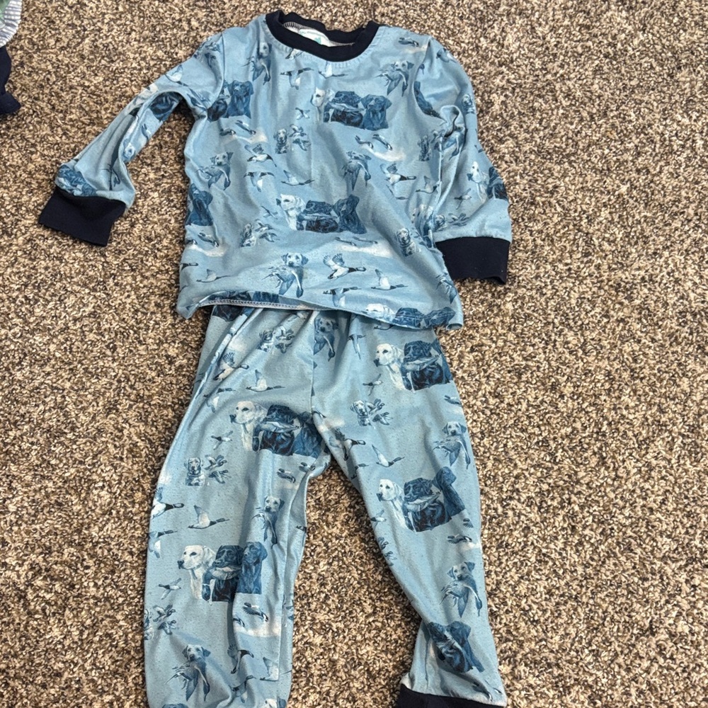 Light Blue Puppy Print Kids Pajama Set with Navy Trim